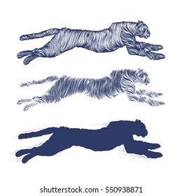 Cheetah, leopard, collection of tattoos and t-shirt design. Sign hunting, travel, tourism 