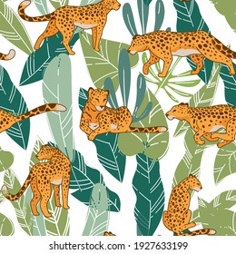 Cheetah or leopard feline animal print or background. Mammal with furry spotted skin hiding and resting in tropical bushes and leaves. Wildlife and nature. Seamless pattern, vector in flat style