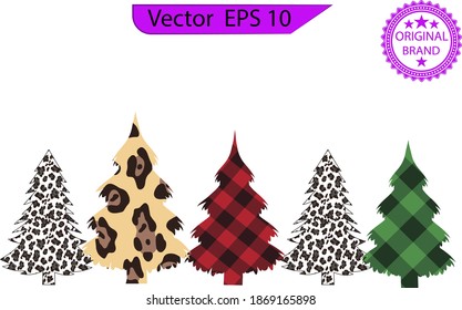 Cheetah, Leopard Print and Buffalo Plaid Christmas Tree on transparent background. EPS 10 Clip art for shirt design and print,