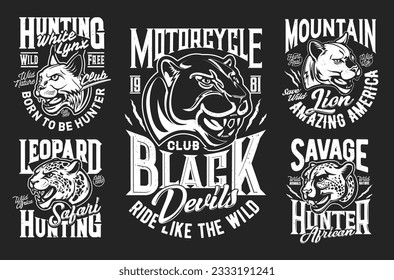 Chita, leopardo, puma, mascotas de limón y león de montaña y estampados de camisetas. Motocicleta de ciclismo club, viaje de caza de safari africano o ropa de parque natural, camiseta monocromática de impresión vectorial con gatos salvajes