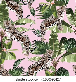 Cheetah and leopards palm leaves tropical watercolor style in the jungle seamless vector background. Pink backdrop.