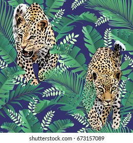 cheetah and leopards palm leaves tropical watercolor in the jungle seamless background