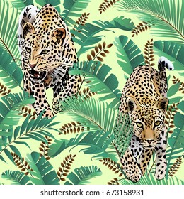 cheetah and leopards palm leaves tropical watercolor in the jungle seamless vector background