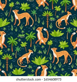 Cheetah and leopards pattern. Vector seamless with tropical leaves and flowers. Exotic summer paradise in tropical jungles