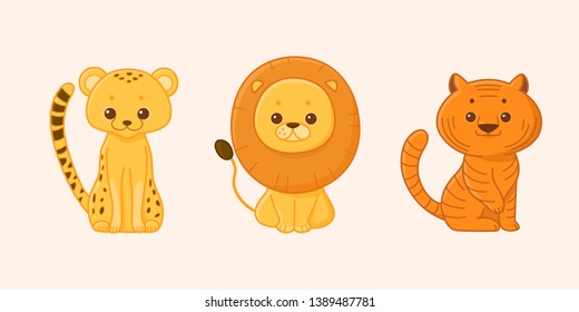 Cheetah, lion, tiger. Cartoon character for children. Vector illustration in cartoon style. Animal alphabet.