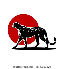 Cheetah logo vector black and white in circle background standing on a cliff