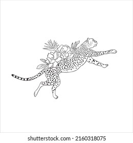 Cheetah with magnolia flowers on white background. Vector Wild Animal. Safari.