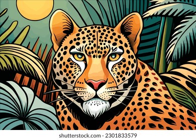 cheetah in the middle of the jungle at night.Vector art animal
