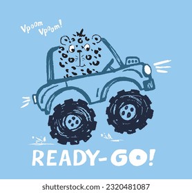 Cheetah Monster, LKW lustige coole Sommer T-Shirt Print Design. Rennwagen. Speed Sport buggy großen Fuß Auto. Drive Safari Tiergrafik. Leoparden Racer Kinder Typografie Poster. Urlaubsmuster