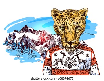 Cheetah in mountains. Vector sketch illustration. Drawing by hand.