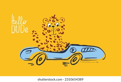 Cheetah on car funny cool summer t-shirt print design. Road trip on cabriolet automobile. Slogan. Leopard drive safari animal illustration. Beach travel kids typography nursery poster Adorable pattern