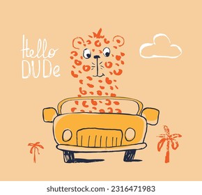 Cheetah auf dem Auto lustige coole Sommer T-Shirt Print Design. Straßenfahrt mit dem Cabriolet-Automobil. Slogan. Leopard Drive Safari Tiergrafik. Kindertypografie Kinderposter für Strandreisen Adorable Muster