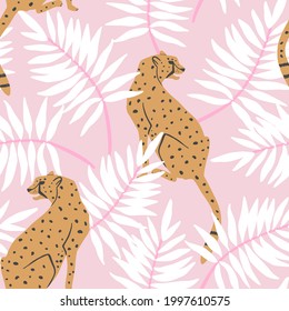 Cheetah on pastel pink with white tropical leaves seamless vector pattern 