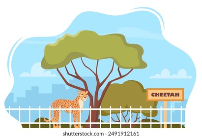 Cheetah on territory of wildlife zoo park surrounded by fence. Vector illustration