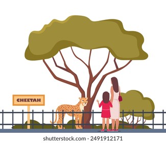 Cheetah on territory of wildlife zoo park surrounded by fence. Parent and kid watching animals in zoo park. Vector illustration