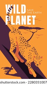 cheetah on a tree. African wildlife poster. Preservation of natural ecology. Vector flat illustration
