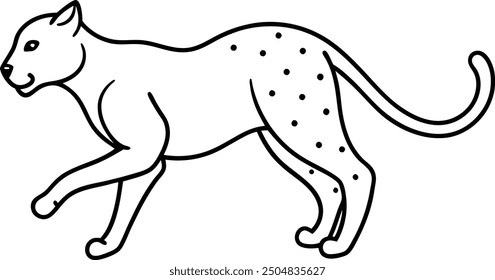 Cheetah outline illustration, in mid-sprint, showcasing its slender and fast body, drawn with fluid lines on a white background.