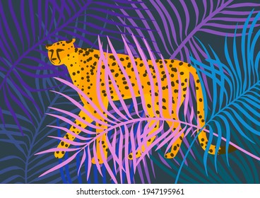 Cheetah with palm leaves in tropical jungles with wild animals. Hand drawn Vector illustration
