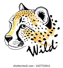 Cheetah portrait with lettering head isolated on white background. Template. Illustration. Close-up. Clip art. Hand Painting. Ink. Line art, black and white. Vector. Line art