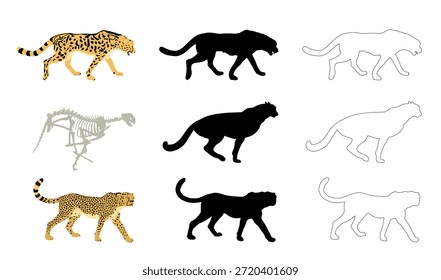 Gepard Stolz, Vektorlinie Kontur Silhouette Illustration einzeln. Großkatze schnellstes Tier auf dem Planeten. Afrikanische Safari elegante Gepard-Familie. Männliche und weibliche Paarung. Gestalten Geparden Schatten männlichen Schlacht.