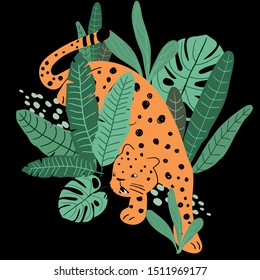 cheetah print with  tropical leaves . Typography Beautiful animal print design for t-shirt. Fashionable poster for home decor. Jungle style