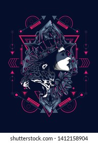 Cheetah and queen with sacred geometry pattern