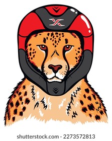 Cheetah in Red Helmet, Cheetah is a Racer, Cheetah is a Motorcyclist, Motocross, The Fastest Animal Funny Vector Illustration