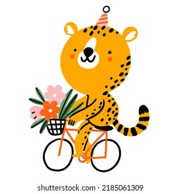 Cheetah Riding A Bicycle With Flowers In A Basket, Cute Cartoon Animal Character Vector Illustration, Isolated On White Background