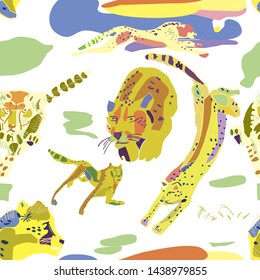 Cheetah run and hunt down. Seamless pattern. White background.