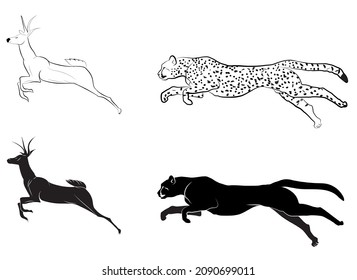 Cheetah running behind the deer, Vector illustration of animals, Line art of hunting predator