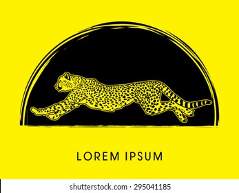 Cheetah running, side view, on gunge cycle background, graphic vector.