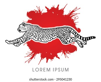 Cheetah running, side view, on grunge blood background, graphic vector.