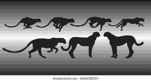 Cheetah running silhouette with black stripes at the background. Vector illustration.