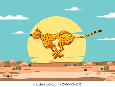 Cheetah running swiftly across a desert landscape