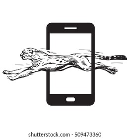 Cheetah running through screen of smartfon. Concept of fast internet. Sketch style hand drawn vector illustration isolated on white background,
