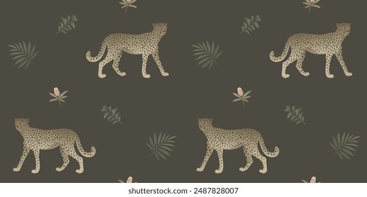 Cheetah seamless pattern. Simple tropical background. Vector floral illustration with exotic animal.