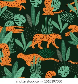 Cheetah  seamless pattern .  Tropical exotic summer pattern with hand drawn cheetah . print for T-shirts, textiles, wrapping paper, web. 