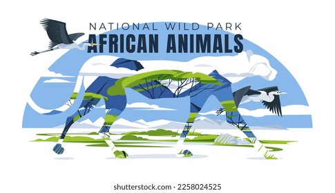 Cheetah silhouette with savannah landscape and flying herons. National Wildlife Park of Africa. Tourism and travel. Vector flat illustration