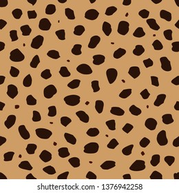 Cheetah skin with stains as a seamless pattern, spots are scattered in a chaotic manner, a trendy background for a fabric print on the theme of African animals