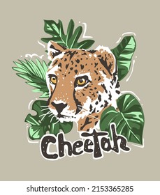 eslogan de cheetah con cabeza de chita en hojas tropicales ilustración gráfica de fondo