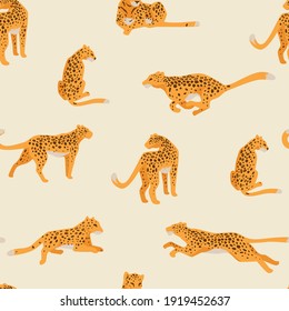 Käse mit geflecktem Fell läuft und sitzt still. Leopard aus der Familie der Katzen. Säugetier mit exotischem Hautdruck. Natur und Tierwelt in Savanne oder Afrika. Nahtlose Muster, Vektorgrafik im flachen Stil