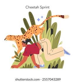 Cheetah Sprint concept. An illustration of a cheetah overlapping a sprinting woman, symbolizing speed and agility amidst tropical foliage. Vector illustration.