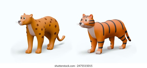 Cheetah and tiger in realistic style. Set of colored templates on white background