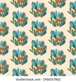 Cheetah and tropical jungle in green and turquoise leaves. Designed in seamless repeat pattern. Can be used in combination with the Leopard and cheetah hero pattern. Great for children's cothings.