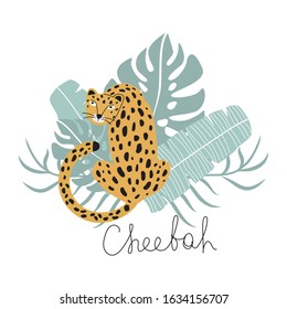 Cheetah and tropical leaves on a white background. Vector illustration for printing on fabric, tableware, packaging paper, postcard, banners.