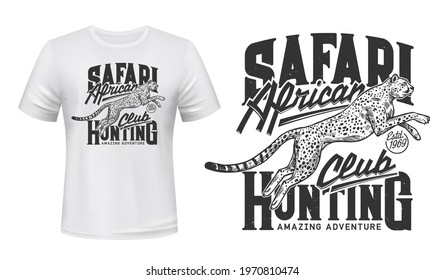 Impresión de camisetas chitas, mascota vectorial. Mofa de ropa con guepard saltador, plantilla de camiseta blanca con animal salvaje, depredador de gatos chita y letras para club de caza y emblema de safari africano, tatuaje