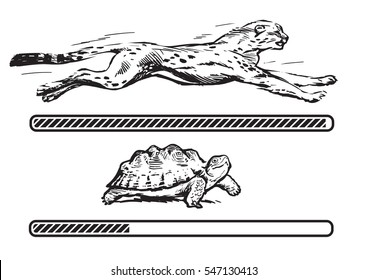 Cheetah and turtle. Fast and slow loading bar. Concept of fast internet .connection.Sketch style hand drawn vector illustration isolated on white background.