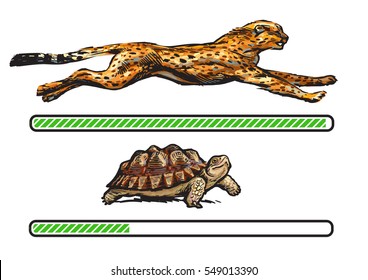 Cheetah and turtle. Fast and slow loading bar. Concept of fast internet .connection.Cartoon style hand drawn vector illustration isolated on white background.