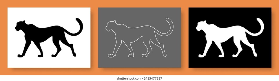 Cheetah vector illustration set. Abstract style. Cheetah, picture, outline, silhouette, linear. Isolated collection of guepards images for creating logos, web design, print products and more.