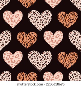 Cheetah Wild Heart Seamless Pattern. Trendy Leopard Animal Skin Print Vector Background, Exotic Texture on Black. Valentines Day hand drawn fabric, textile, wallpaper design, scrapbook digital paper